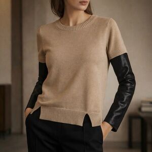 Aiko Cashmere Blend Knit Sweater w/ Leather Sleeves Camel Tan Small Quiet Luxury